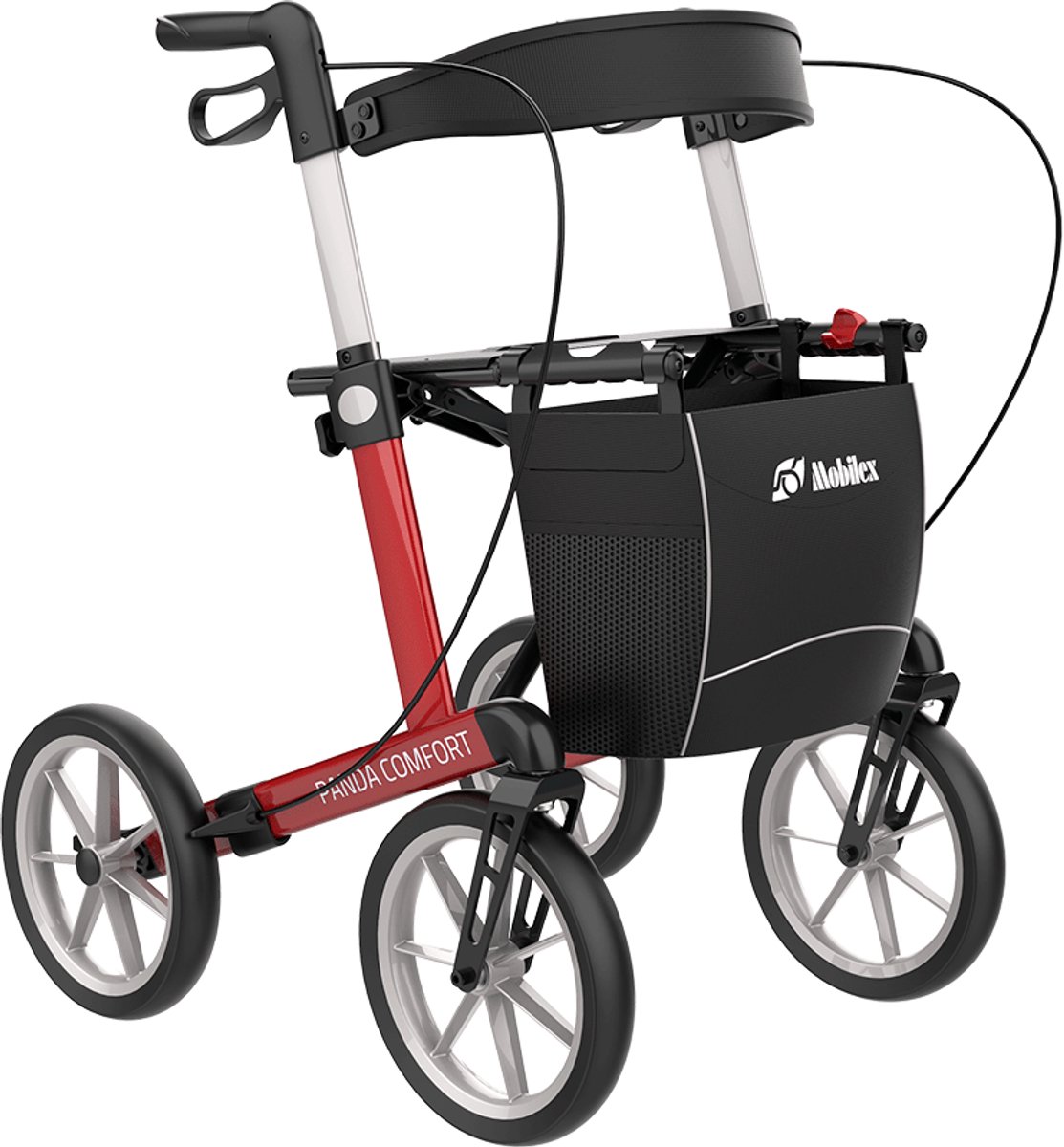 Mobilex lichtgewicht rollator Panda Comfort - Opvouwbaar - Met Zachte Comfort Banden - Rugsteun - stokbak - Rood