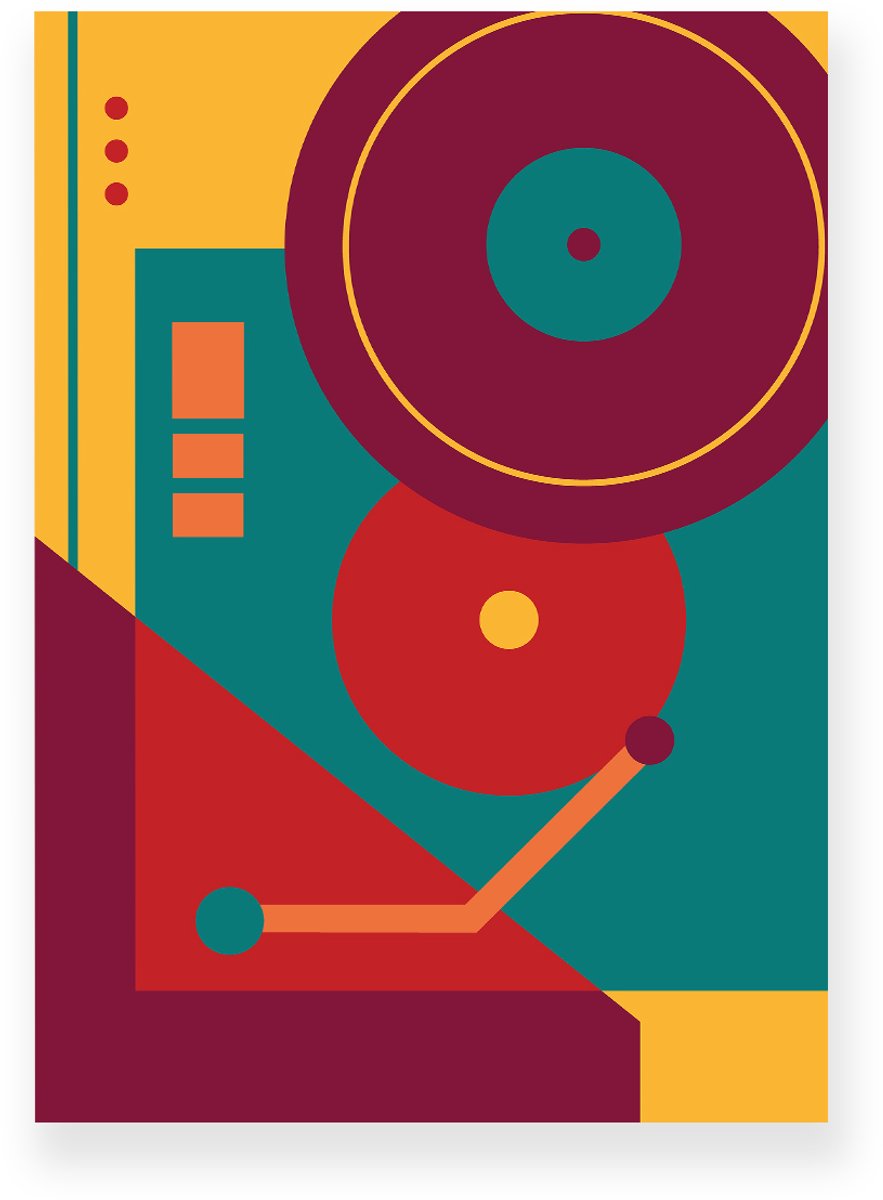 Yisual Aluminium plaat 20x30 cm - Poster - Retro Platenspeler - Rood - Blauw - Geel - Abstract - Vintage - Muurdecoratie - Wanddecoratie