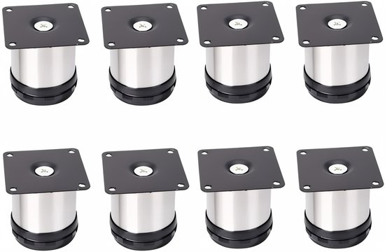 Famanu - 8 STKS 50x50mm Verstelbare Ondersteuning Meubelpoten Rvs Ronde Kast Voeten,Verstelbare Hoogte Meubelpoten Kast Rvs Metalen Ronde TV Bureau Tafel Keuken met Schroeven Voeten