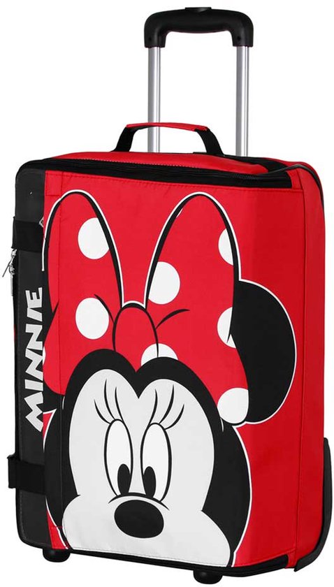 Rode cabinekoffer met een grote afbeelding van Minnie Mouse met stippenstrik, tekst 'MINNIE' op de zijkant.