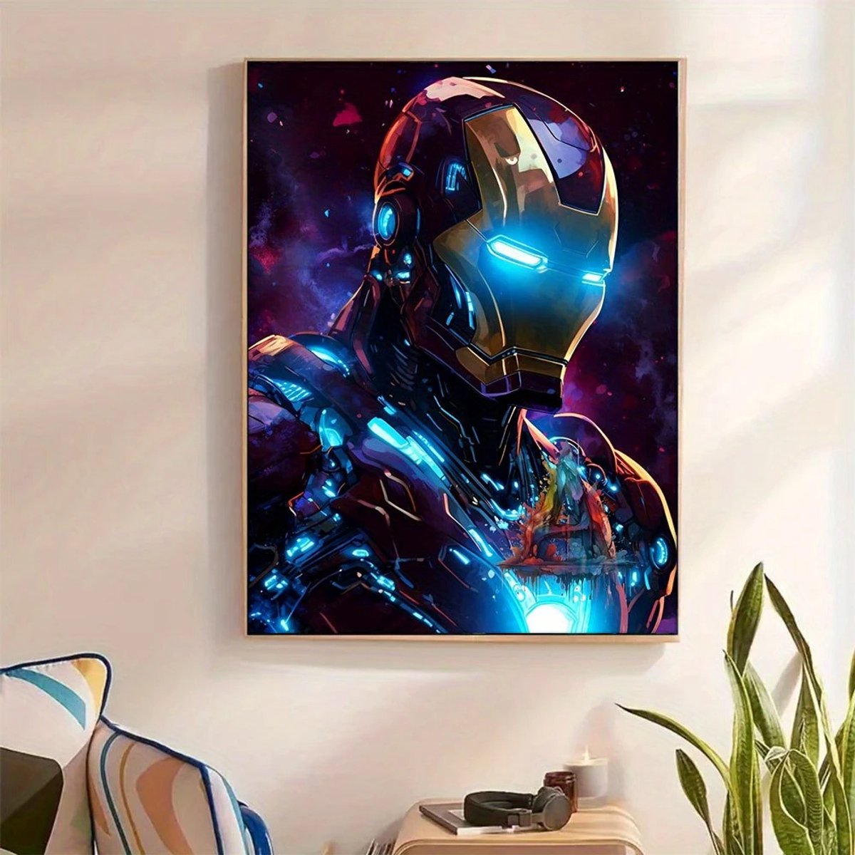 Canvas poster - Superheld poster - Gepantserde held close up - Lichtgevende ogen - Actie muurposter - Jongenskamer decoratie - Zonder lijst - Trendy - 60x40 cm