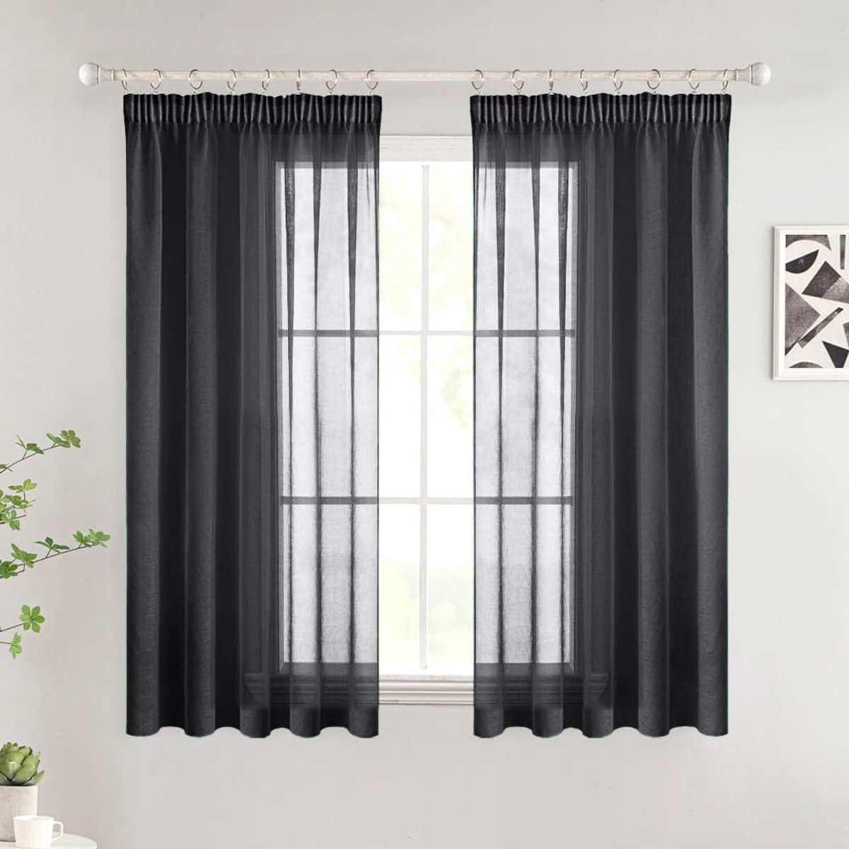 Unyqoos ® Moderne Transparante Korte Raamgordijnen met Plooiband voor Diverse Kamers, Set van 2 Stuks, Zwart, 140 x 145 cm