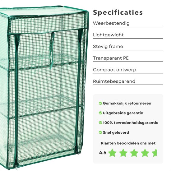 Groene kweekkas met transparante hoes en drie metalen planken. De kas is 80cm hoog.