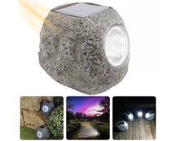Cheqo® Solarlamp Steen - Grondspots - Decoratieve Tuinverlichting - Zonne-energie - Grijs Polyresin