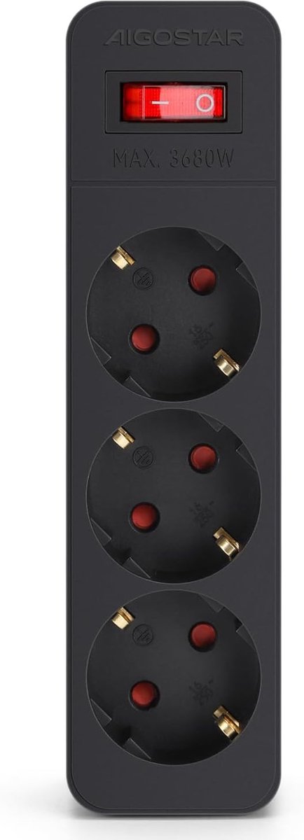 Platte stekkeradapter met 3 stopcontacten en schakelaar, compacte muurstekker met kinderbeveiliging, 16A, 250V, zwart