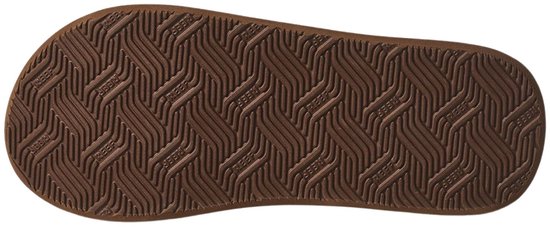Bruine buitenzool met een geometrisch grippatroon en herhaald REEF-logo.