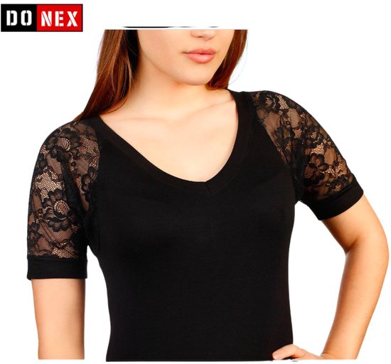 Chemise féminine à manches courtes en dentelle - Débardeur pour femmes - 92% coton - Lycra - Noir - Taille L/XL