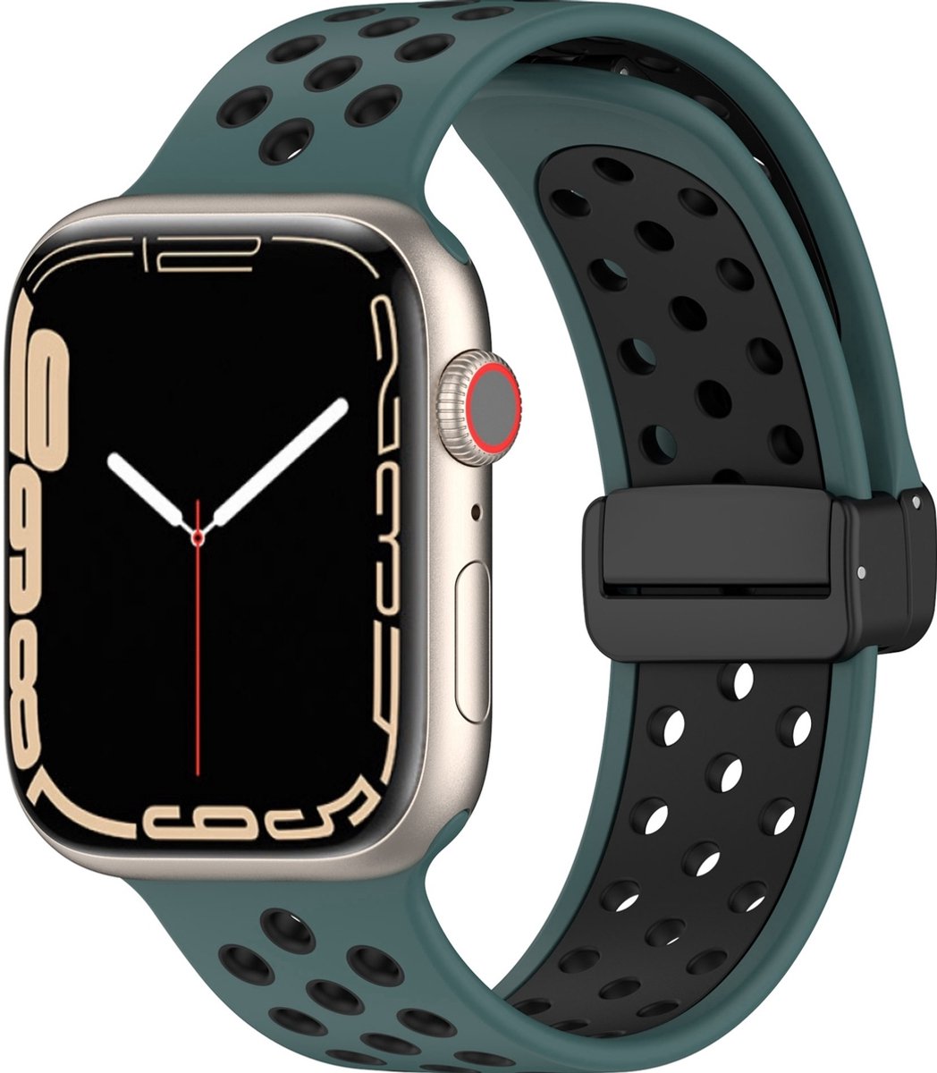 Mobigear Siliconen Watch bandje geschikt voor Apple Watch Bandje Magneetsluiting | Mobigear Sport Plus Mag - 49/46/45/44 mm - Zwart / Groen