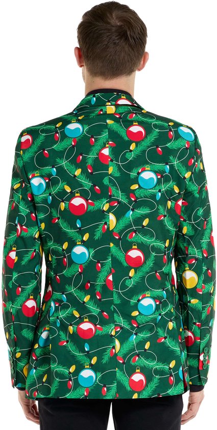 Achterkant groen colbert met opdruk van kerstlampjes, kerstballen en dennentakken. Verschillende kerstballen in rood, blauw en geel.