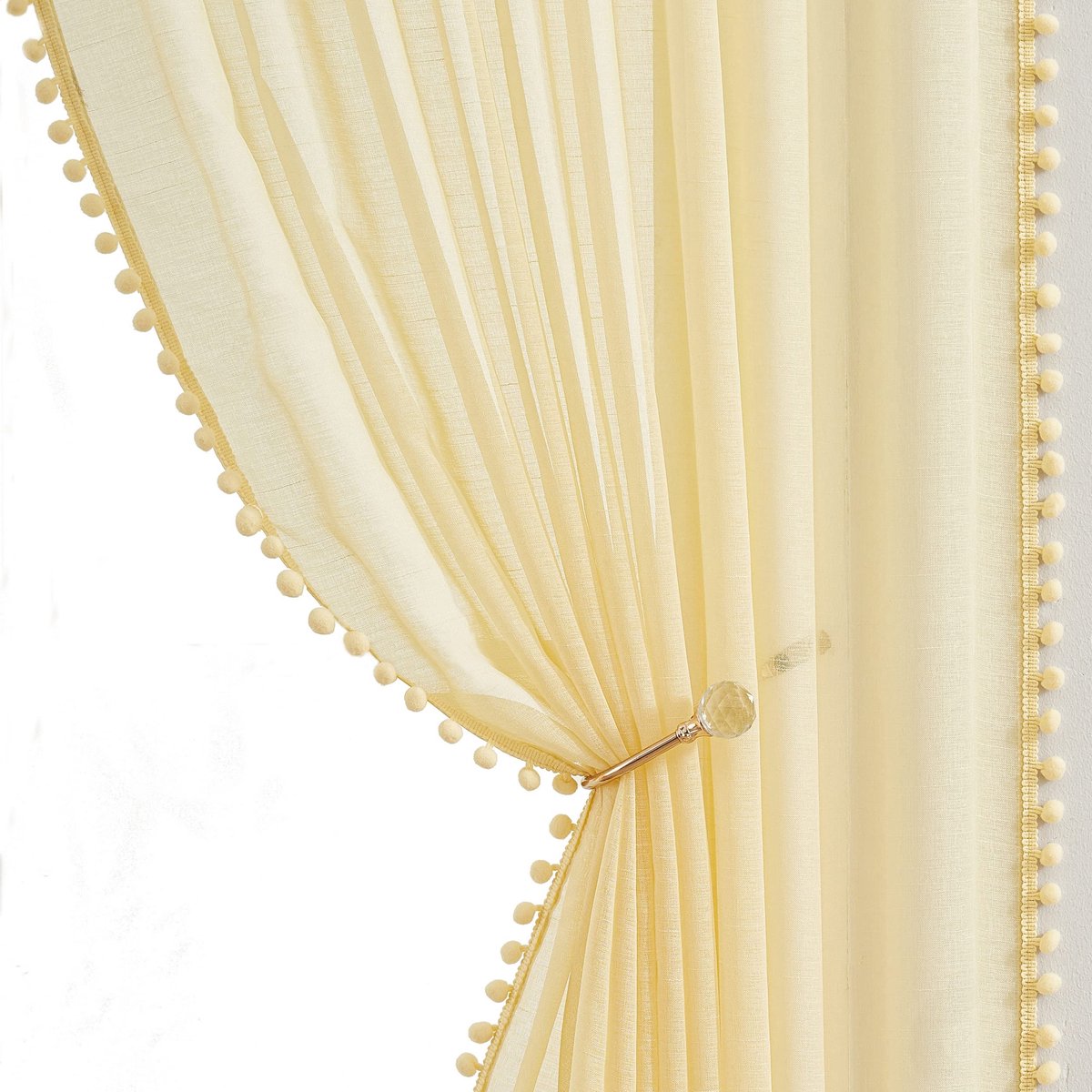 Unyqoos ® Gezellige Boho Gordijnen met Pompons en Luchtige Textuur voor Stijlvolle Kamers H225 x B140 cm geel