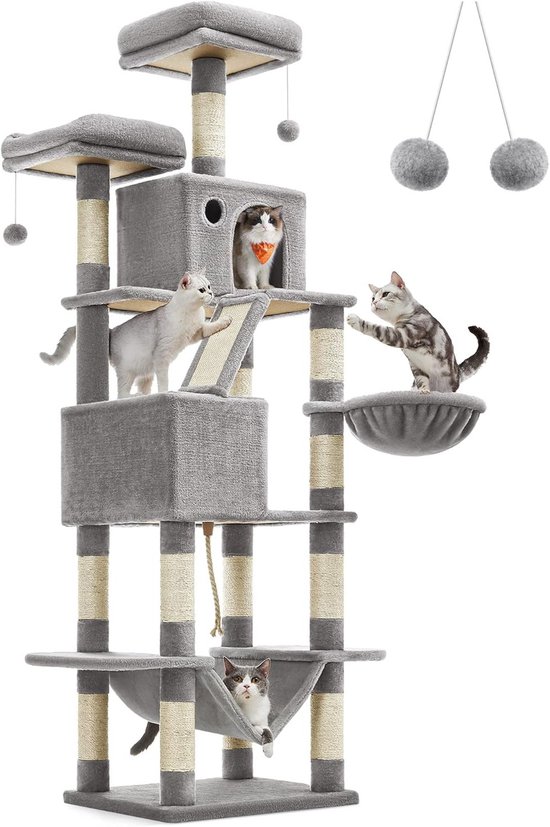 Hoppa! Kattenboom - Krabpaal - hoog, XL krabpaal, lichtgrijs, 55,5 x 46 x 206 cm (L x D x H)