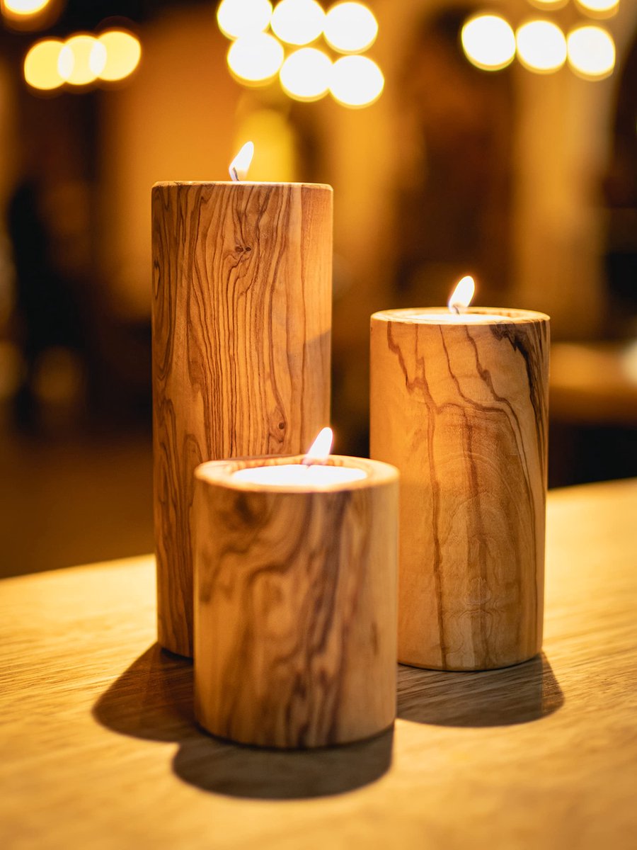 Unyqoos ® Handgemaakte Olijfhouten Kandelaars Set van 3 voor Romantische en Feestelijke Decoratie
