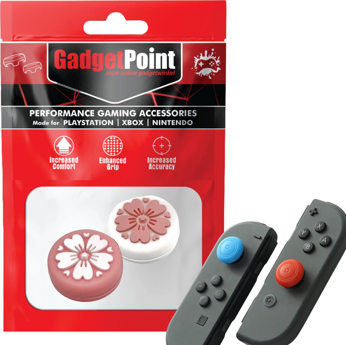 Gadgetpoint | Gaming Thumb Grips | Performance Thumbsticks | Accessoires geschikt voor Nintendo Switch Joy-Con Controller(s) | Thumbgrips | Bloemetjes Roze/Wit