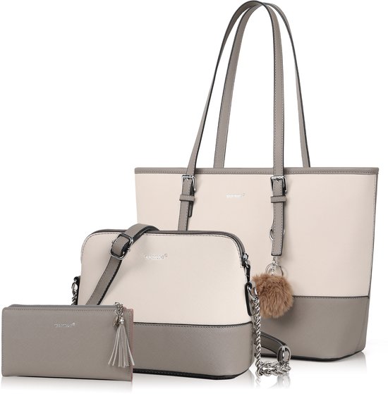 TAN.TOMI - Sacs à main à Sacs à main pour femme, ensemble de trois pièces : sac à bandoulière, cabas, sac de travail, cartable, Grijs et beige