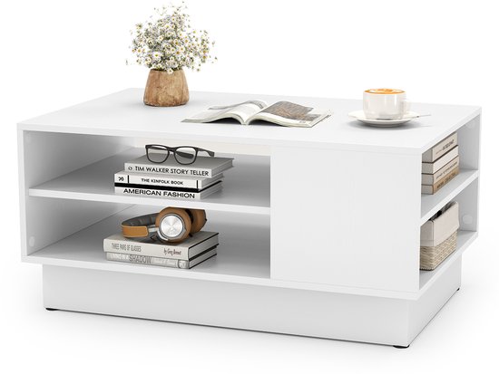 COSTWAY Salontafel Houten, Woonkamertafel met Opbergruimte, Bijzettafel met Open Vakken, Banktafel Accenttafel voor Woonkamer, Ontvangstruimte & Lounge, 86 x 56 x 41 cm, Modern (wit)