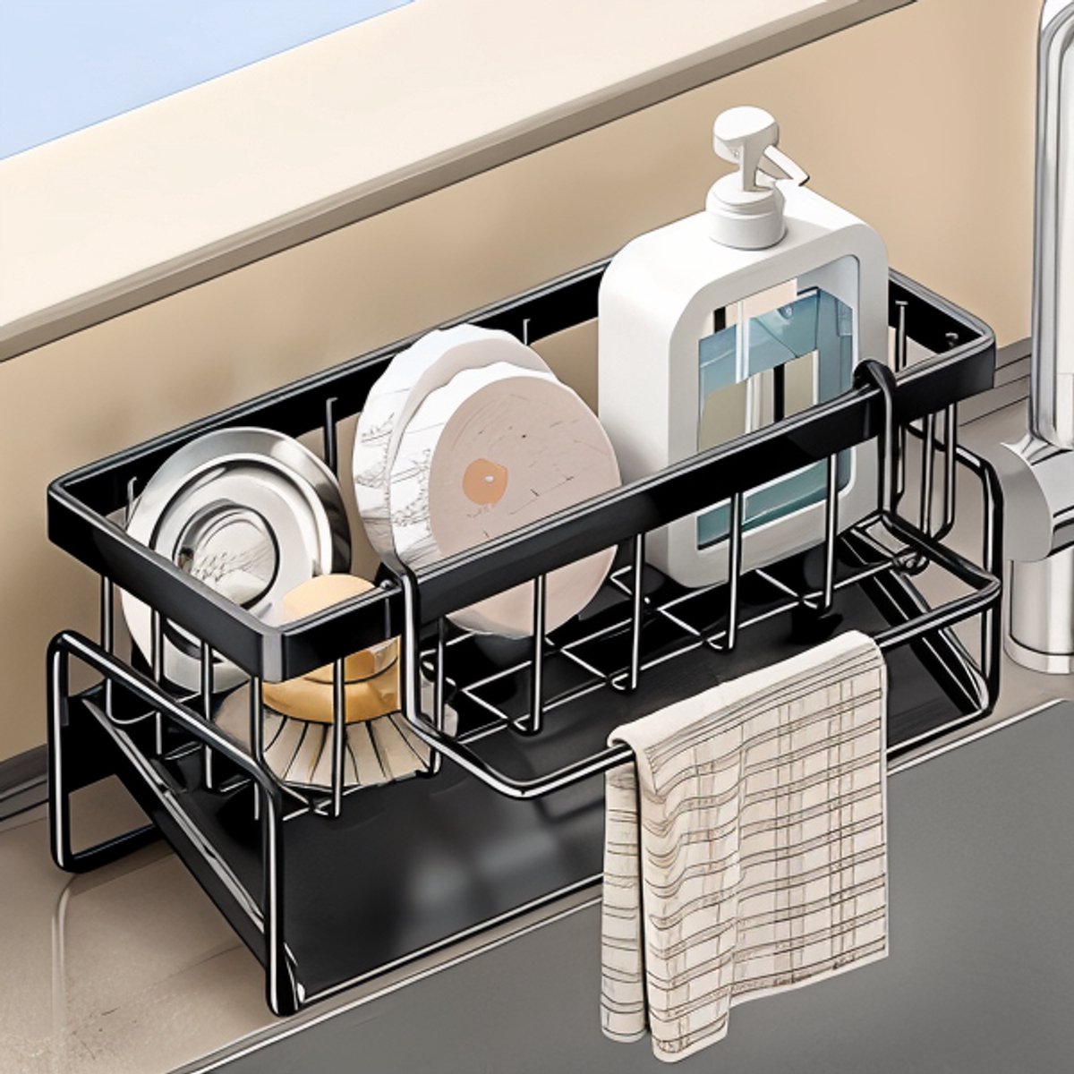 Famanu - Gootsteenorganizer roestvrij staal keukenorganizer sponshouder automatische afvoer geschikt voor spoeldoekhouder badkamer organizer gootsteen organizer decoratie keuken zwart