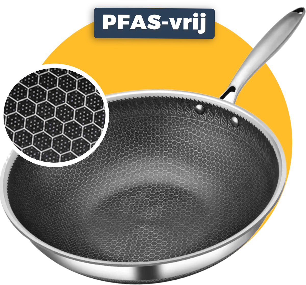 Pasper Wokpan Ø 28 cm - PFAS & PTFE vrij pan - Inductie, Elektrisch, Keramisch & Gas - RVS Honingraat Anti-Aanbakpan
