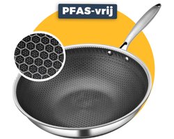 Pasper Wokpan Ø 28 cm - PFAS & PTFE vrij pan - Inductie, Elektrisch, Keramisch & Gas - RVS Honingraat Anti-Aanbakpan