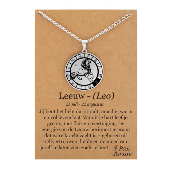 Collier signe du zodiaque Lion sur carte cadeau - Couleur argent - Talisman du Zodiac en acier inoxydable - Acier inoxydable - 60 cm - Pax Amare