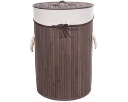 CM Wasmand - stof met hout look - met deksel - opvouwbaar - bruin - 33 x 49 cm