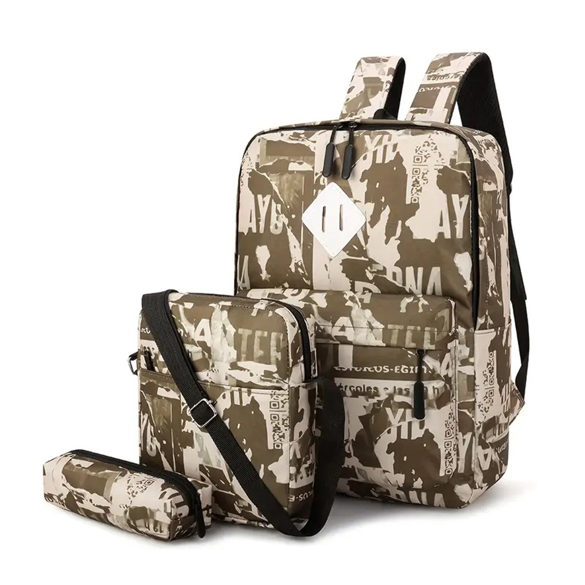 Ultiluxe® Rugzak, crossbody tas, etui - Bruin/beige - Schoolrugzak voor jongens - 3 stuks tassen set - Laptoptas 15.6 inch - Brugklas rugtas met print - 40 x 28 x 10 cm - Schooltas voor tieners - Tas voor school - 3-delig met laptop vak