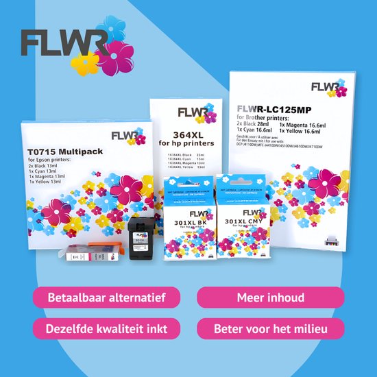 Verpakking van FLWR-inktcartridges met bloemendesign, voor HP en Brother printers.