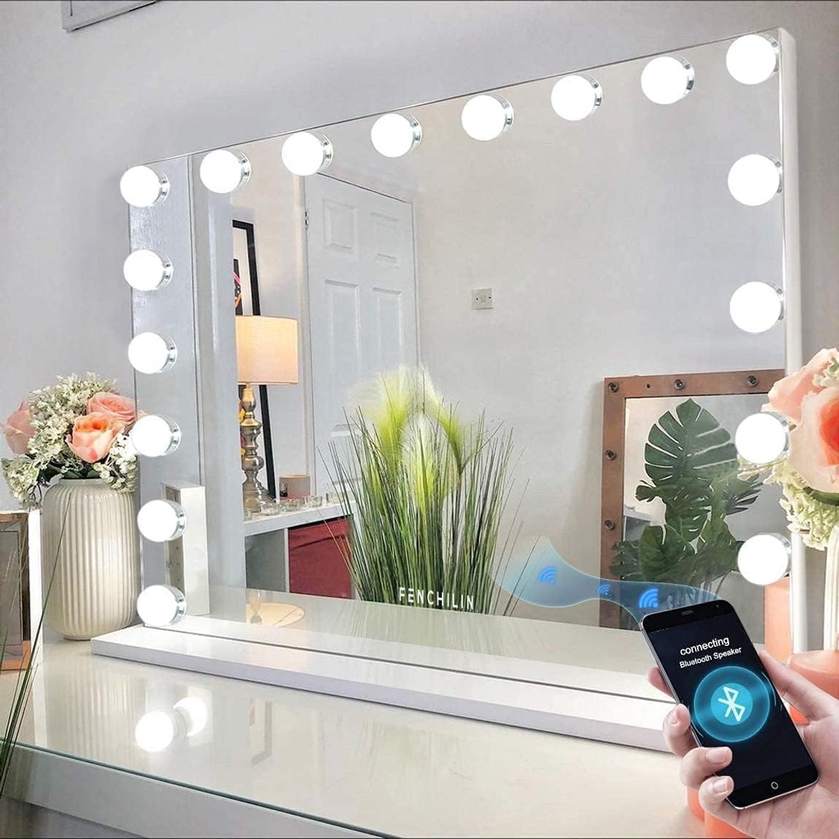 Groot Hollywood Make-upspiegel met Bluetooth en Dimbare Verlichting - 80x58cm