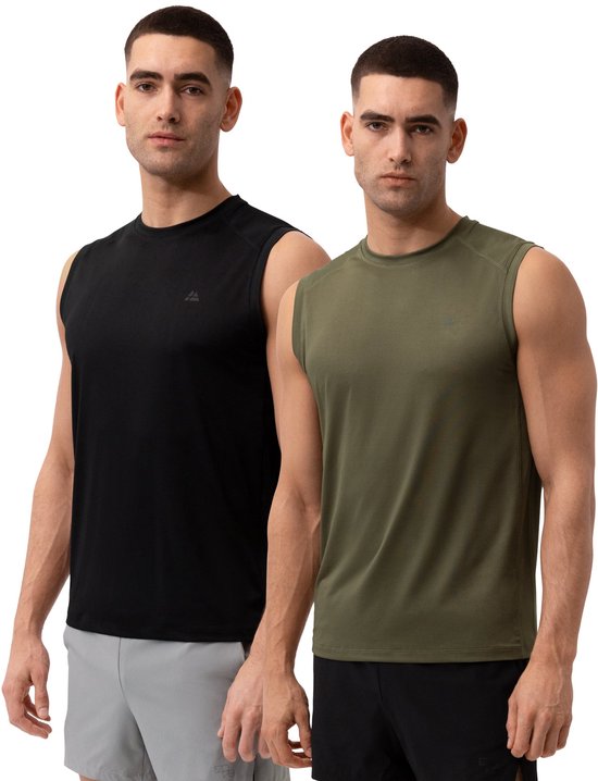 Twee modellen poseren, één in zwarte sporttanktop met grijze short, één in olijfgroene sporttanktop met zwarte short.
