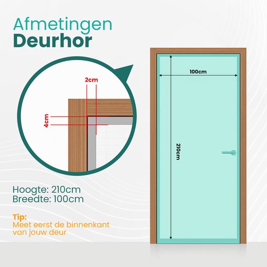 Afmetingen van de deurhor: 210 cm hoog en 100 cm breed, met detail van de rand.