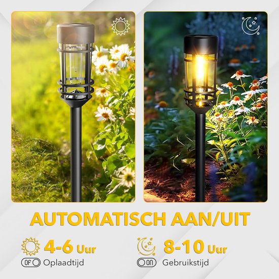 Solar tuinlamp: opladen 4-6 uur overdag, gebruik 8-10 uur 's avonds. Dag en nacht modus.