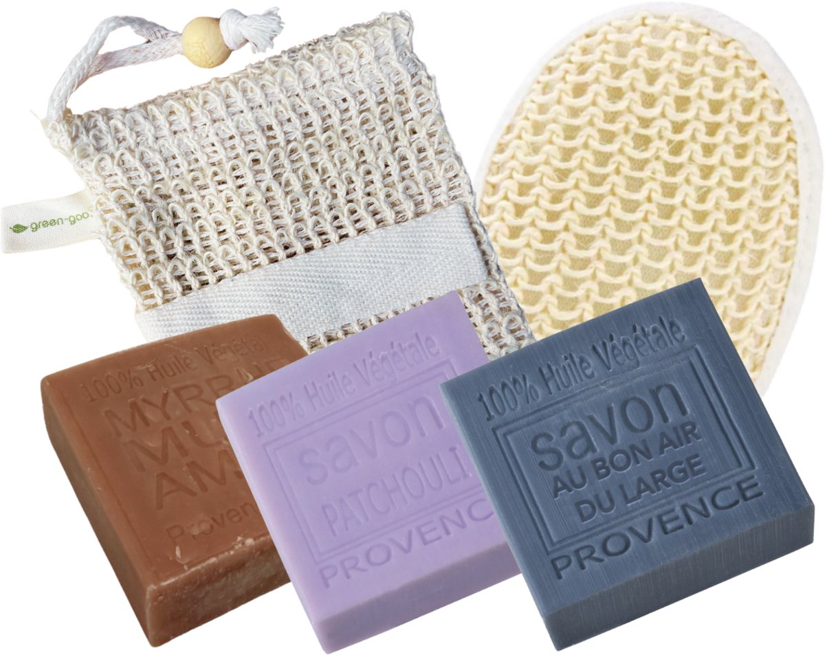 green-goose® Giftset Zeep - Voor Hem - Patchouli - Marine - Musc Zeep - Zeepzakje - Sisal Spons - Ecocadeau