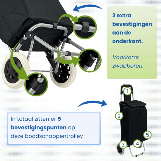 Dreamble® | Boodschappentrolley | Boodschappenwagen | Zwart | Extra Groot en Sterk | 46 Liter | Stalen Frame | Grote Wielen | Lichtgewicht | Opvouwbaar | Afneembare Boodschappentas | 2 Ritsvakken | Waterafstotend