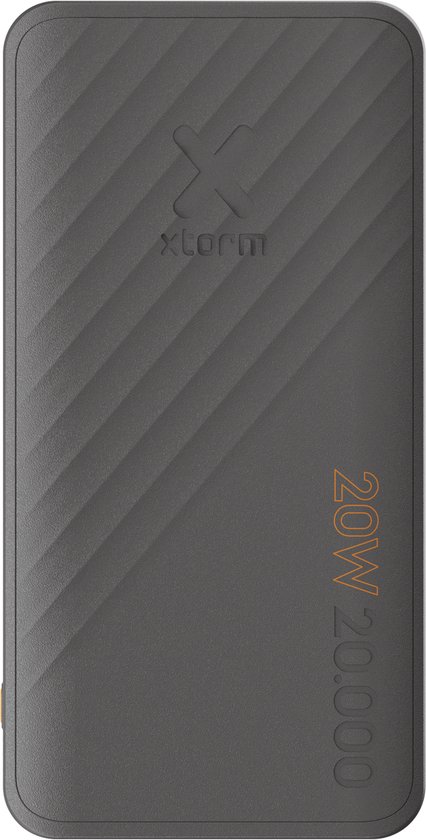 Grijze Xtorm powerbank met golvend patroon en 20W 20.000 specificaties, van bovenaf gefotografeerd.