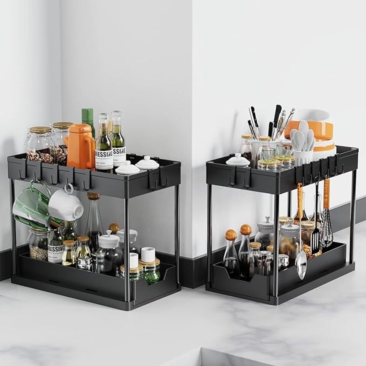 Famanu - Spoelkastorganizer, 2 stuks, organizer voor onder de wastafel, uittrekbaar opbergrek, organizer met 16 haken, zwart