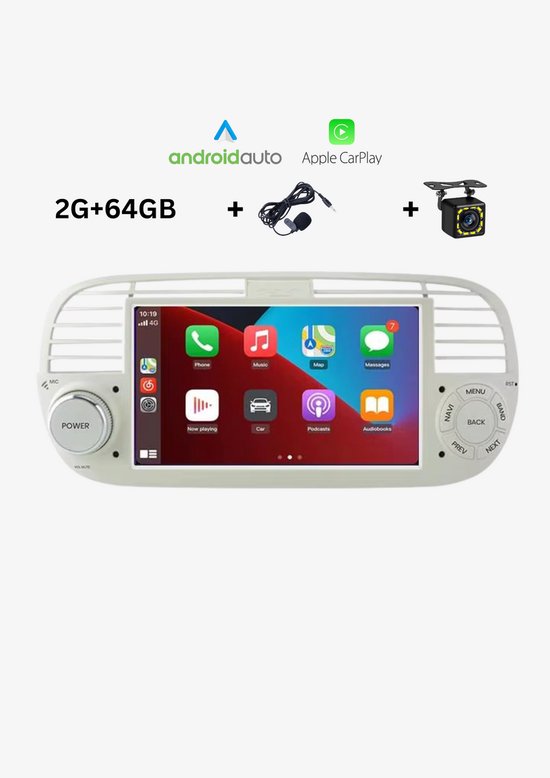 Autoradio - Geschikt voor Fiat 500 2007-2015 - Apple Carplay & Android Auto - Android 13 - 7 Inch HD Navigatiesysteem - Wit/Beige - Achteruitrijcamera & Microfoon
