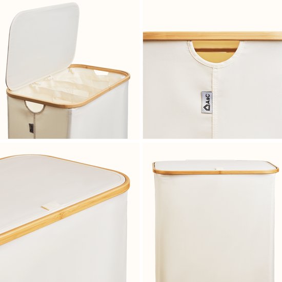 Alles & Co. XXL Wasmand 141 Liter - 3 Vakken Wassorteerder - Met Uitneembare Waszakken - Bamboe & Beige