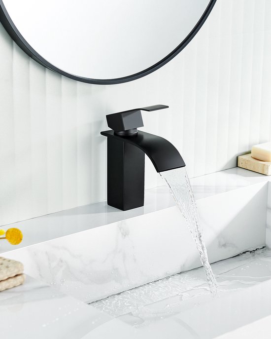 Robinet De Lavabo Cascade FD – Noir Moderne – Mitigeur Mono-trou En Laiton – Sortie Plate