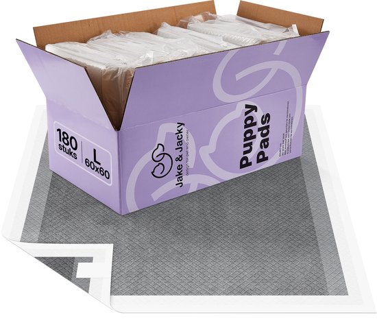 Jake and Jacky 180 Puppy Training Pads met Actieve Kool - met Plakstrip - Zindelijkheidstraining Hond - Plasmatjes hond - Hondentoilet 60 x 60 cm