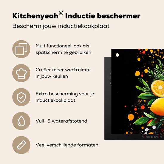 KitchenYeah® Protection plaque induction 60x55 cm - Noir - Citrons - Herbes - Graffiti - Peinture - Protege plaque de cuisson - Couvre plaque induction - Protecteur d'induction - Cuisine