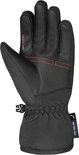 Detail van een zwarte Reusch ski-handschoen met 'BE THE ONE' logo en gestikte zijkanten.