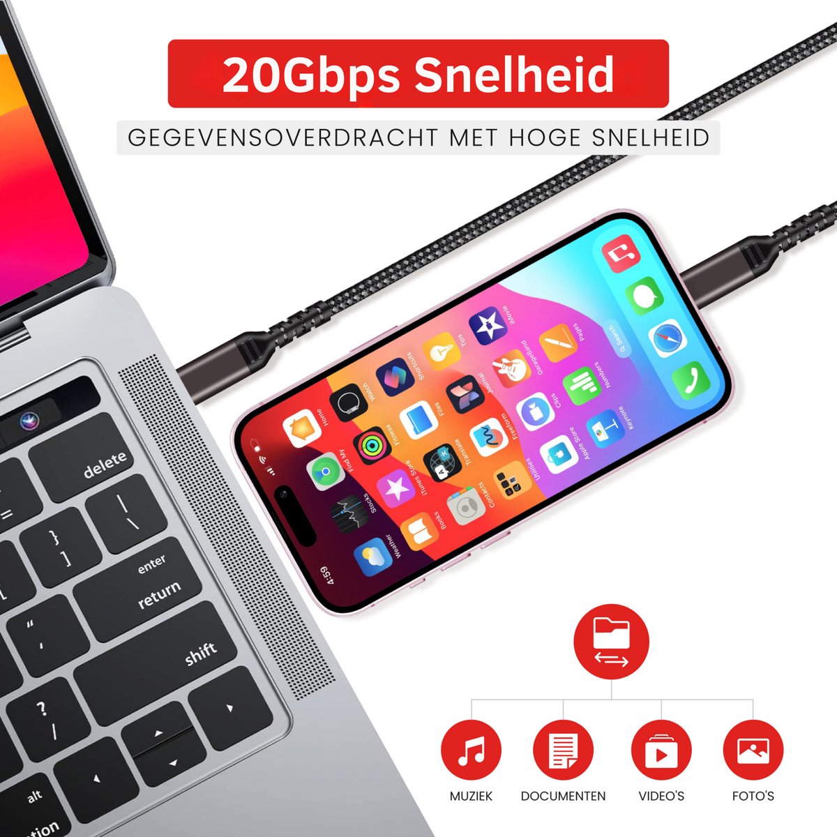 USB-C naar USB-C kabel 2m, 100W snelladen, 20Gbps data, nylon gevlochten, voor MacBook, iPhone 15, Samsung Galaxy - Afbeelding 2