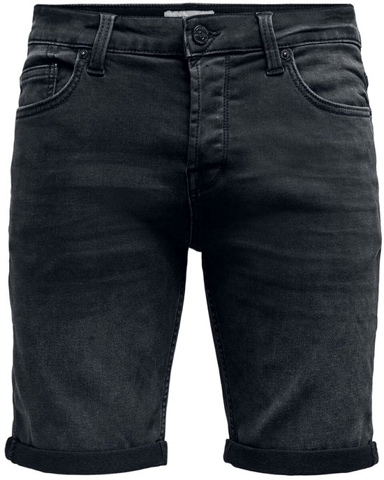 Zwarte denim shorts met regular fit en opgerolde zoom, van voren gezien.