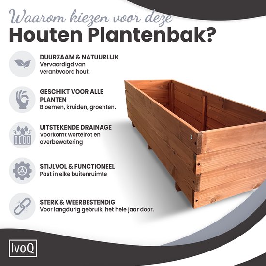 Lege houten plantenbak met icoontjes die duurzaamheid en veelzijdigheid aangeven.