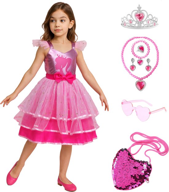 Joya Kids® Luxe Verkleedpop Prinsessenjurk voor kinderen | Verkleedjurk Meisje hard Roze Tule Rok | Halloween kostuum | Metallic Roze met Strik | Carnaval kleding | Verkleed kostuum Jurk | Maat 120