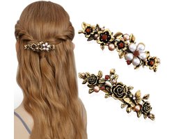 2 stuks grote Franse vintage haarspelden - automatisch - met bloemen en kristallen parels - geschikt voor dun en dik haar, mode -haarsieraad voor dames