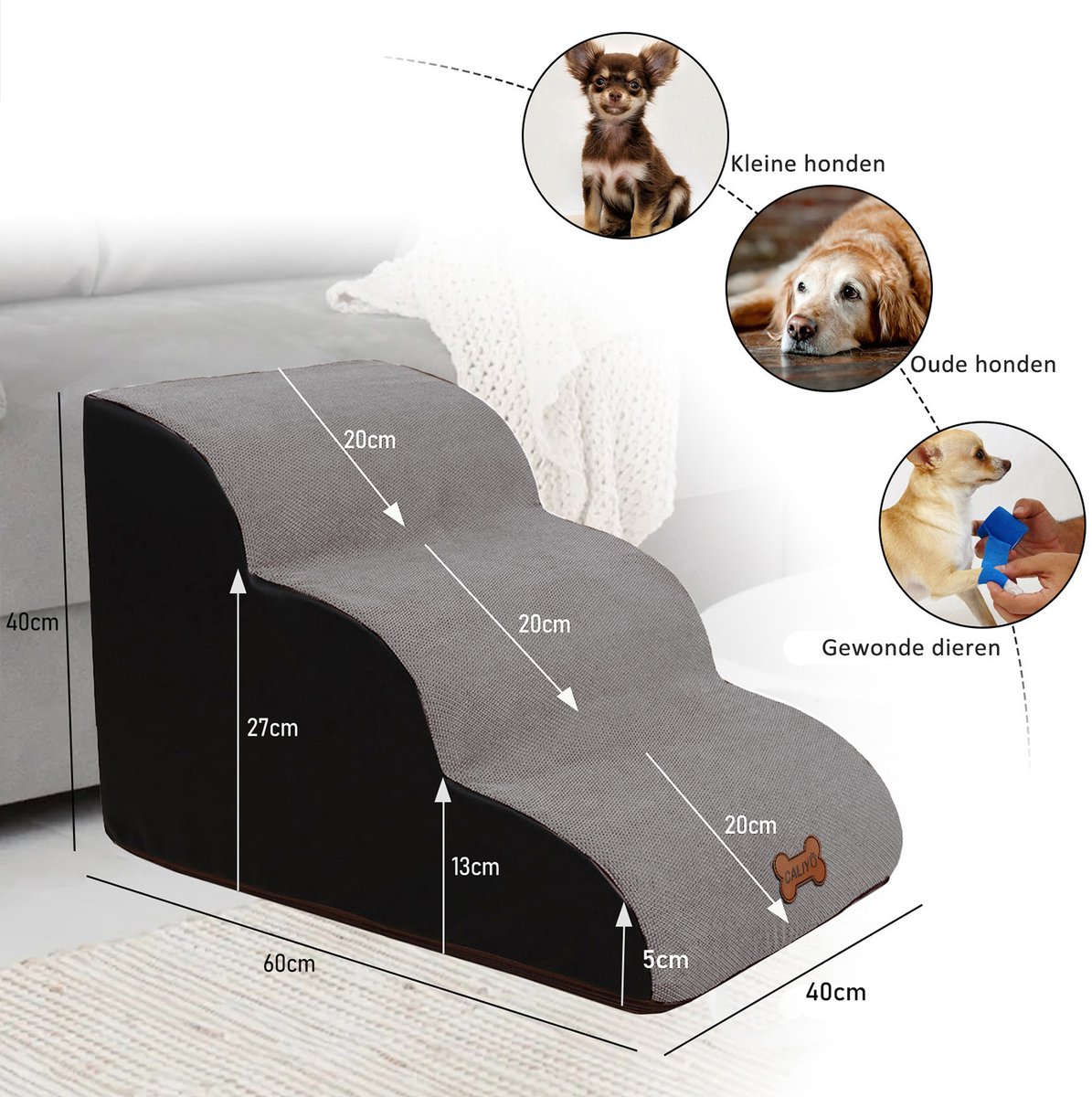 Hondentrap voor kleine honden, 3 treden, huisdiertrap voor bed en bank, van spons met hoge dichtheid, kattentrap, hondenhelling met afneembare, wasbare overtrek en antislip bodem, 40 cm hoog