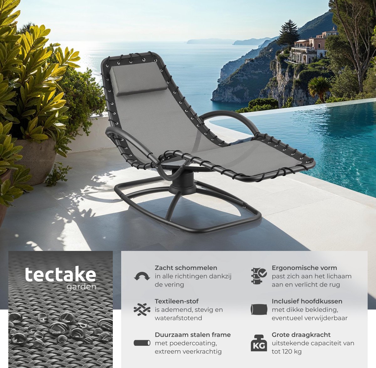 tectake® Ligstoel Toulon - Ergonomische Tuinstoel met Schommelfunctie - Ligbed voor Tuin, Terras en Balkon - Relaxstoel met Hoofdkussen en Comfortabele Armleuningen - 120kg Draagkracht - Grijs – foto 6