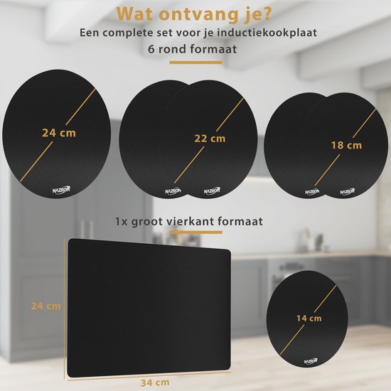 Overzicht van de verschillende maten inductiebeschermers: 3 ronde matten van 24 cm, 22 cm, 18 cm en 1 vierkante mat van 34x24 cm. Met extra ronde mat van 14 cm. Tekst: Wat ontvang je? Een complete set voor je inductiekookplaat.
