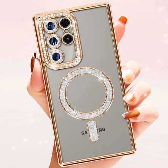 Étui magnétique compatible avec Samsung Galaxy S25 Ultra [compatible Magsafe], Glitter , transparent, scintillant, Luxe, résistant aux chocs, antidérapant, Filles et femmes - Coque souple en TPU - Goud