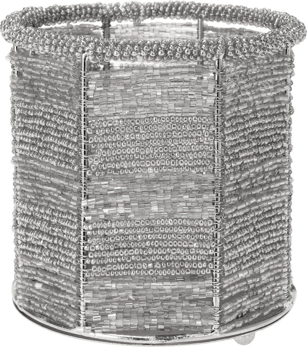 Home&Styling-theelichthouder-waxinelichtjes-zilver-kralen-11cm hoog